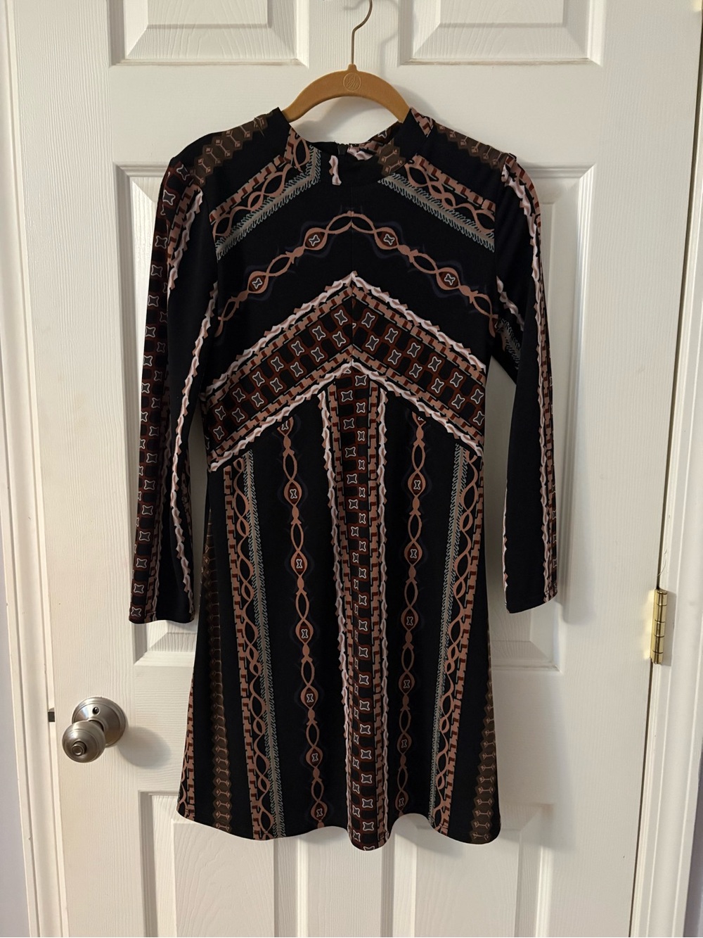 Free People Black Long Sleeve Chain-Print A-Line Dress